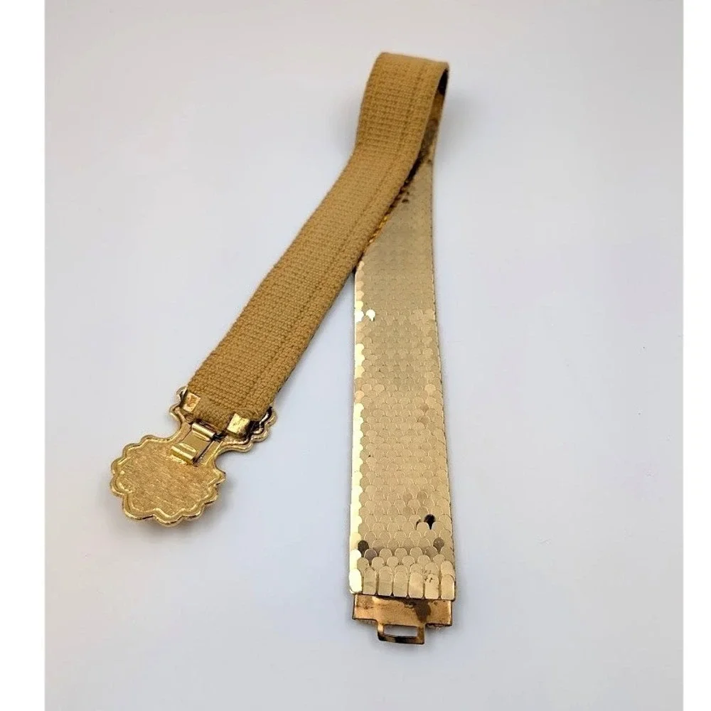 VTG Accessocraft Gold Tone Belt Fish Scale Sequins Metal‎ Ornate Buckle Etruscan
